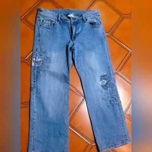 Z. Cavaricci Womens Cropped Jeans Blue Floral Rhinestone Light Wash 13